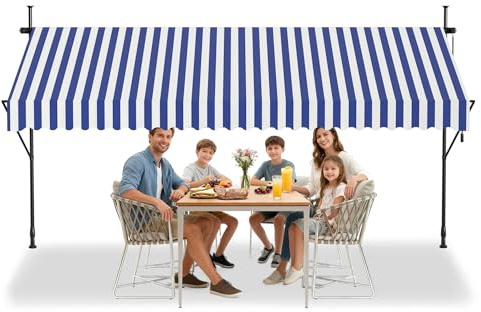 YRHome Klemmmarkise Markise Balkon mit Handkurbel 200cm breit- Balkonmarkise ohne Bohren Höhenverstellbar, Sonnenschutz, wasserdicht Blau-weiß 300cm