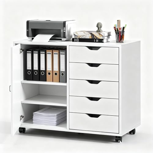 5-Drawer Wood Drawer Cabinet, Office Storage Cabinet with Adjustable Shelf & Wheels, Printer Stand for Home Office, White, 15.7 D x 30.7 W x 25.4 H