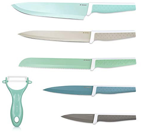 Navaris Messer Set 6-teilig inkl. Schäler - 5x Edelstahl Küchenmesser und 1x Keramik Gemüseschäler - Fleischmesser Brotmesser - Messerset bunt