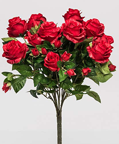 mucplants Rosenbusch/Rosenbuschstecker 59cm Rot Rosen Kunstblumen Seidenblumen künstlicher Strauß Blumenstrauß Dekoblumen