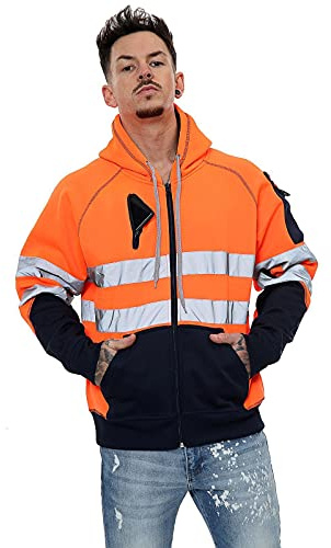 janisramone® Herr Hi Vis reflekterande synlighet huvtröja kontrast lapp fleece sweatshirt arbete huvtröja jacka, herr fleecejackor full dragkedja, Hi Viz arbetshuvtröjor för män, pullover arbetströja