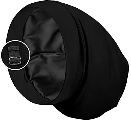 PARISBELLA Satin gefütterte Schlafmütze für lockiges Haar und Zöpfe, bleiben Sie die ganze Nacht über mit verstellbarem Riemen für Damen und Herren, schwarz, 1 Stück, Einfarbig: Schwarz, Einheitsgröße