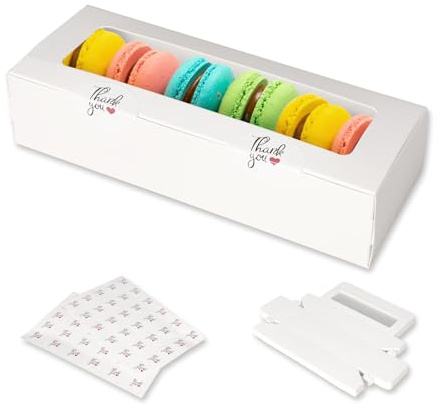 Garmeinea 30 Pack Macaron Boxes Packaging for 5 to 7 Macarons with 60 Pcs Stickers for Home DIY Baking Gift(White)