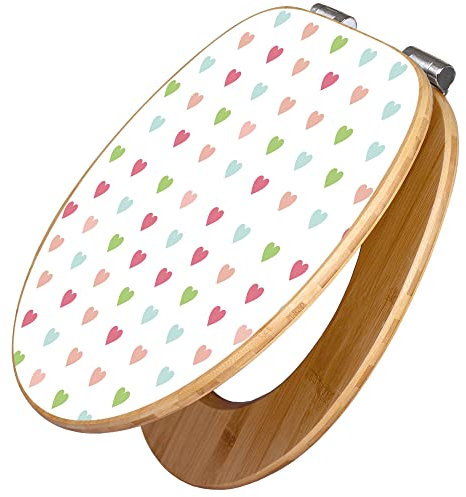 banjado Design WC Sitz Bambus Absenkautomatik 45,8x37,5cm / Toilettendeckel mit Absenkautomatik Holz/hochwertiger Bambus Klodeckel/WC-Sitz für gängigen Toiletten/Motiv Herzen Auf Weiß