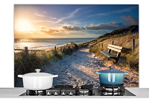 Credence Coucher de soleil - Plage - Dune - Herbe - Banc Fond de hotte 120x80 cm Credence aluminium Plaque inox de cuisine