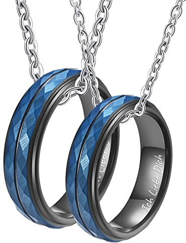 Epinki Paar Kette Ring Wolfram mit Anhänger, Geometrisch mit Gravur Ich Liebe Dich Kette Pärchen Personalisiert, Blau Schwarz, Breite 5MM - Herrenkette 60cm, Damenkette 50cm