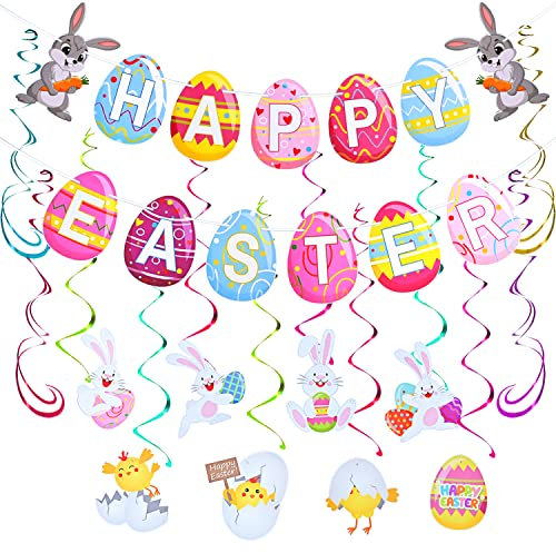 Ahfulife Pancartas de Pascua, Happy Easter Decora la Bandera del Conejo Decoración de la Reunión Familiar de Remolino Colgante de Papel, Huevos de Pascua y Adornos de Zanahoria (Estilo 1)
