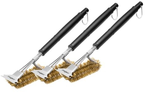 3X Grillfürst Premium Grillbürste mit Messing Borsten, 45 cm - Grill Reinigungsbürste für Grillrost, Grillrost Bürste mit langem 3-Fach Bürstenkopf und Schaber