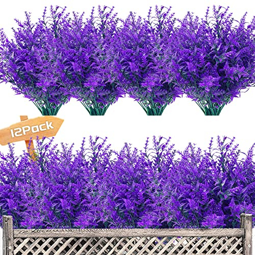 Garlag 12 Bundles Artificial Lavender UV Resistant Plants Outdoor Faux Flowers Shrubs for Floral Arrangement, Indoor Outside Hanging Garden Home Wedding Farmhouse Decor (Purple)