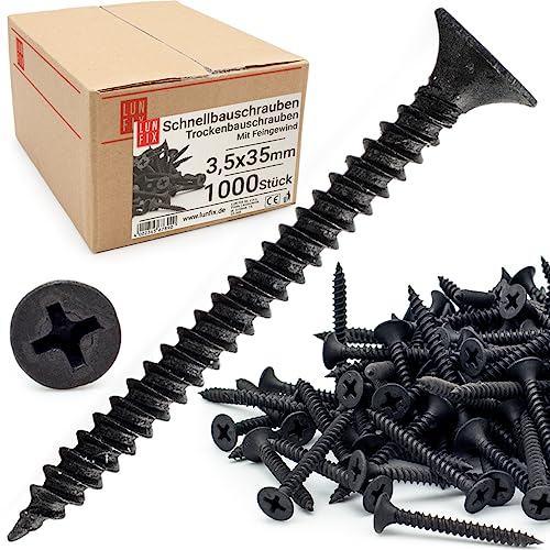Lun Fix Schnellbauschrauben 3,5 x 35 mm (1000 Stück) | Trockenbauschrauben Mit Feingewinde | Gipskartonschrauben | Schwarz Rigipsschrauben für Gipskartonplatten, Gipsplattenschrauben, Schnellschrauben