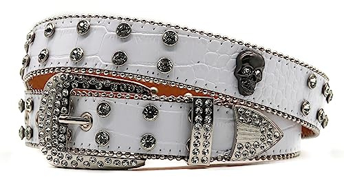NALANY Strass Schädel Totenkopf Nietengürtel Für Damen Herren Ledergürtel Western Punk Gürtel,Erhältlich in Mehreren Stilen, Farben Und Größen(125cm/waist:43, White)
