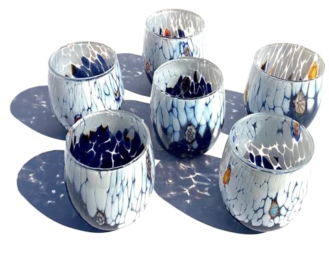 MAZZEGA ART & DESIGN Wassergläser Bicolor aus handgefertigtem und handgearbeitetem Muranoglas mit Murrine-Muster - Die Farben von Murano - Bicolor 435ml. (6, Blau)