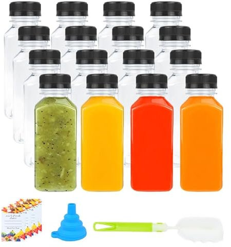 FYKERO 16 Pack 8oz/250ml Plastic Juice Bottles- Reusable Mini Shot Bottles With Lids for Storing Smoothie, Juices, Water and Other Beverage