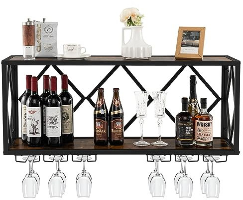 COSTWAY Portabottiglie da Parete, Scaffale per Esposizione di Vino con 6 File di Portabicchieri, Scaffale per Conservare 39 Bottiglie e 12 Bicchieri, Adatto per Cucina, Soggiorno, Sala da Pranzo
