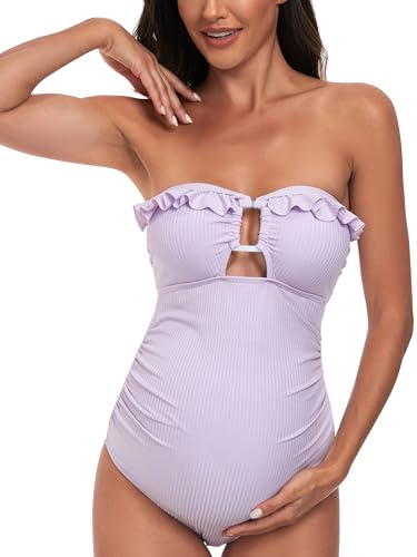 EastElegant Costume da Bagno Premaman con Volant a Costine ritagliato Un Pezzo Costume da Bagno Quadrato Anello collegato Gravidanza, Viola, L