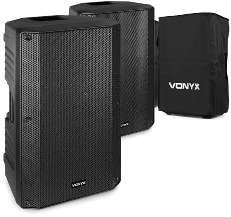 Vonyx VSA12 Pair of 12-Inch Active PA Speakers with Protective SC12 Nylon Covers, 1600W DJ Speaker Kit for Live Music, Stage Performance & Events