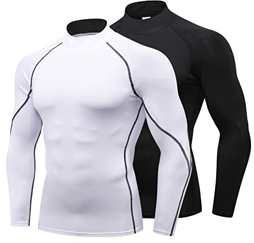 LANBAOSI Lot de 2 Tee Shirt Compression Homme à Col Roulé et Manches Longues Baselayer Hauts Séchage Rapide pour Fitness Course à Pied Gym Entraînement