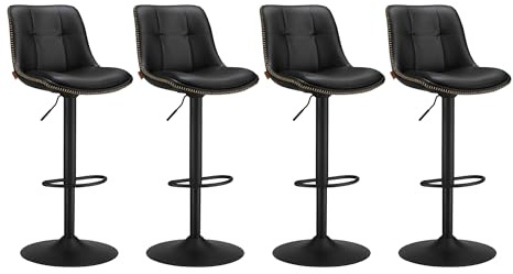 VASAGLE Tabourets de Bar, Lot de 4, Chaise de Cuisine, Siège Pivotant à Hauteur Réglable, Matelassé, en PU, avec Dossier et Repose-Pieds, Salle à Manger, Comptoir, Acier, Noir d'encre LJB295B01