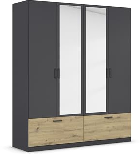 Rauch Möbel BARI, Schrank, Farbe Grau metallic/Eiche Artisan, Breite 181 cm | Kleiderschrank, 4-türig, Spiegel, 2 Schubladen, für Schlafzimmer, Kinderzimmer, Babyzimmer, Homeoffice, Garderobe, Flur