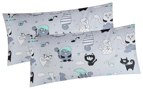 2er Set Kissenbezug in 40x80 cm Katzen Tiere (BS-Katzen-Grün-40x80) | 100% Baumwolle, Renforcé - Grau, Grün - Kopfkissen-Bezug, Kissenhülle, Dekokissenbezug, Kinder, Reißverschluss