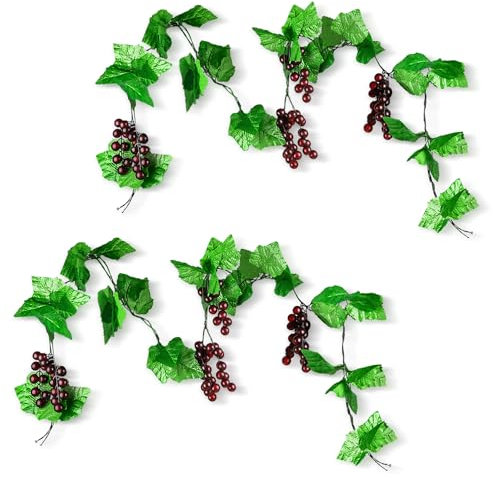 JETOHIX 2 PCS Artificial Grapes and Vine, 2.4Meters Artificial Grapes with Artificial Vines Lifelike Leaves, Artificial Grapes Realistic Looking for Home Indoor Outdoors Garden Wall Decor