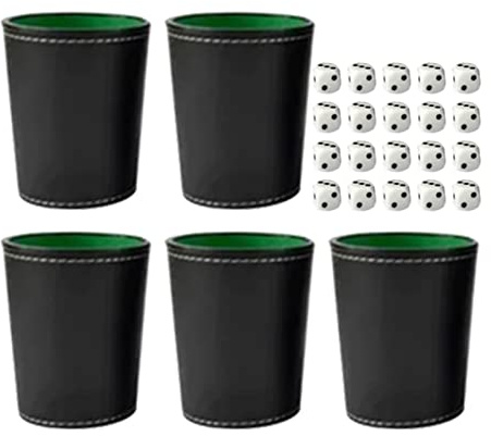 Set med 5 st tärningskoppar i PU-läder med lock mörkbrunt filtfoder tyst shaker inkluderar 6 prickigt fodrat set, för brädfamiljespel Yahtzee Farkle Liars