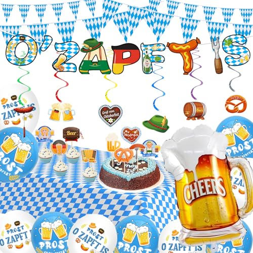 Cheloveer Oktoberfest Deko, Bayrische Deko,Oktoberfest Deko Set Mit O’ZAPFT IS  Girlande Oktoberfest Tischdecke Wimpelkette Ballon Oktoberfest Spiral Oktoberfest Cake Topper Für Deko Oktoberfest