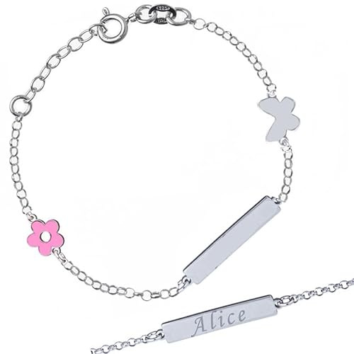 Sakrami Bracelet Fille ou Jeune Fille en Argent 925 + Plaque Personnalisable avec Gravure du Nom + Pendentifs Fleur et Papillon Émaillés + Idée Cadeau pour Naissance, Baptême, Communion, Anniversaire