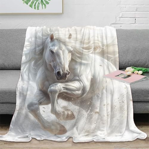 Weißes Pferd Flanell Fleecedecke Flauschig Weich Warm Plüsch Kuscheldecke 3D Drucken Mikrofaser Couchdecke Für Kinder Erwachsene,Anime Decken 40x50inch(100x130cm)