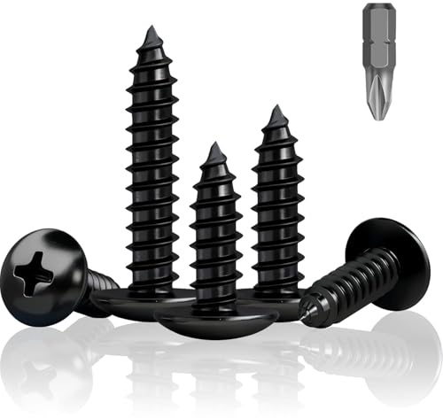 HXJDAM 170 Pcs Round Head Self Tapping Screws, M5 x 25mm Black Wood Screws, Black Self Tapping Screws, Truss Head Self Drilling Screws for Wood, Sheet Metal, Plastic, With PH2 Drill Bit