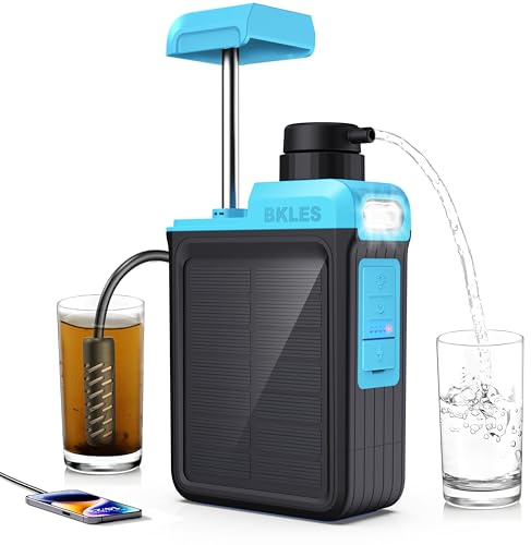 BKLES 3-in-1 Solar Electric Water Filter with Hand Pump - Camping Water Filtration System Survival, Portable Water Purifier with Emergency Light, Survival Kit for Backpacking, Birthday Gifts for Men