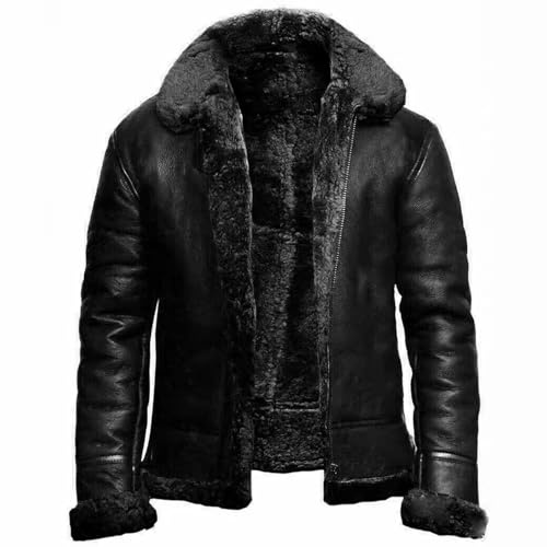 FGRID Herren Schaffell Lederjacke mit Pelzkragen, Vintage Revers Fleece gefüttert Kunstpelz PU Mantel Warm Reißverschluss Leder Kurz Biker