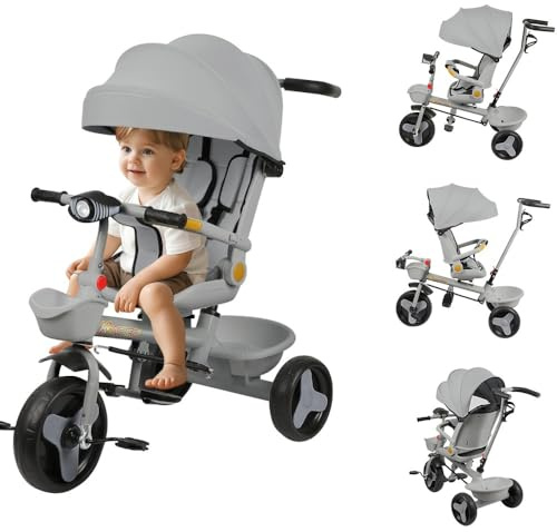 OHMG Triciclo 4 in 1, per bambini da 1 a 5 anni, con tetto parasole rimovibile, barra di spinta, jogger, con finestra del tetto, cinture di sicurezza, pedale, sedile girevole (A-Grigio)