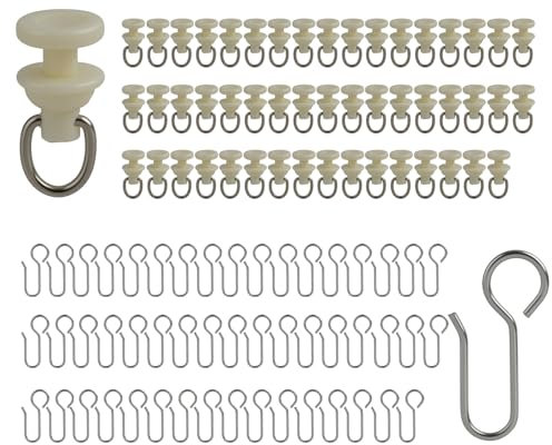 100 Stück Gardinenröllchen und Vorhanghaken, 50 Kunststoff Gardinengleiter und 50 Metall Vorhanghaken, Langlebig und Geräuschlos, Geeignet für Standard Vorhangschienen und Duschvorhangschienen
