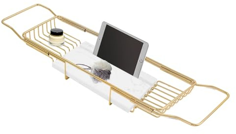 Expandable Bathtub Tray, Stainless Steel Bath Table Tray with Marble Board, Modern Luxury Bathtub Shelf for Bathrooms, Kitchen Sink (Gold + White)