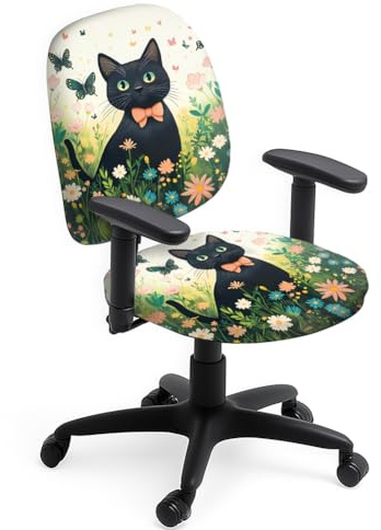 Hobbspring Polyester Bürostuhlbezug Set 2 Stück Stuhlhussen Mit Schwarzer Katze Und Blumen Gartenkatze Dehnbare Stuhlhussen Für Universellen Schreibtisch Drehbarer Computerstuhl Bürogeschenke