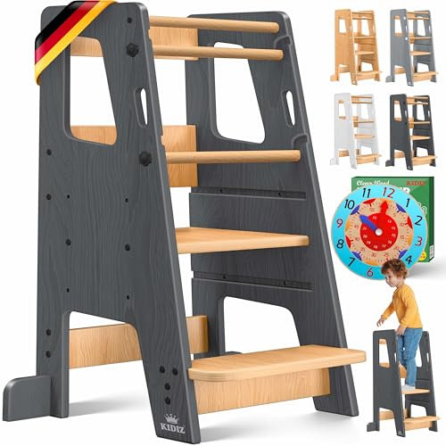 KIDIZ® Lernturm für Kinder ab 1 Jahr inkl. Lernuhr | 3-stufig Höhenverstellbarer Tritthocker aus Kiefernholz | spielerisch motorische Fähigkeiten fördern Montessori Learning Tower bis 50 kg belastbar