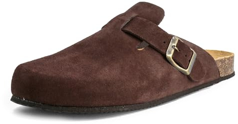 JOMIX Pantofole Sabot Uomo in Pelle Scamosciata Ciabatte Zoccoli Comodi con Suola in Sughero e Fibbia Regolabile Casual per Casa Lavoro e Passeggio ESM2533 Marrone 44