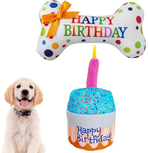 BbiuRer Spielzeug Hund, 2 Stück Hunde Geburtstag Spielzeug Set, Geburtstag Hund Geschenk, Weiches Quietschspielzeug für Hunde, Indoor und Outdoor Spiel