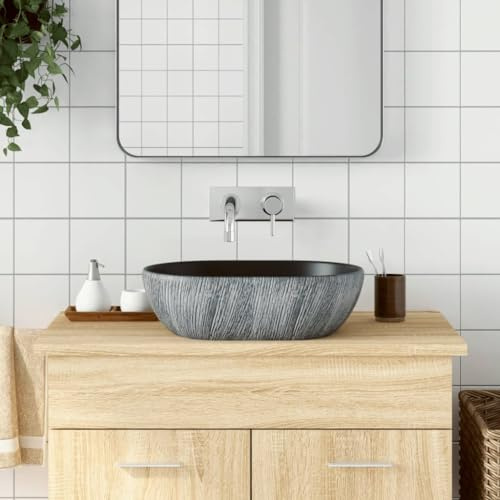 Lavabo da Appoggio Ovale in Ceramica, Design Bicolore Nero e Grigio per Bagno Moderno, Lavandino Sottopiano 47 x 33 x 13 cm