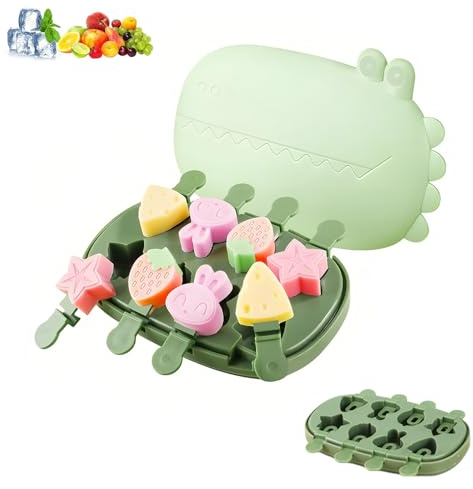 PARFCO Silikon Eisformen Eis Am Stiel, 8 Fach mit Stiel Und Deckel | Wiederverwendbare Eisförmchen mit Stäbchen für Selbstgemachtes Eis, Krokodilform für Sommer, Partys und DIY