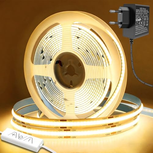 Bigzom LED Streifen 6M Warmweiß 2700K | 1920LEDs, Dimmbar, 24V COB LED Strip, mit Fernbedienung und Netzteil, CRI90+ Hell Unterbauleuchte