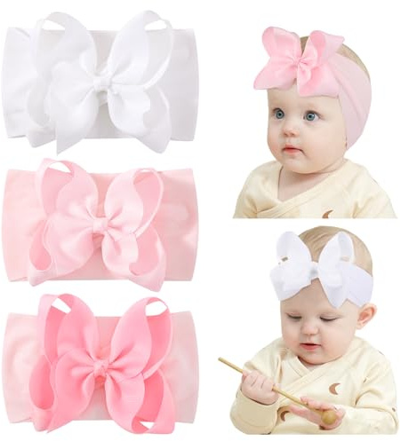 3 Stück Baby Haarband mit Schleifen, 5 Stirnbänder Baby Mädchen Schleifen-Haaraccessoires für Neugeborene, Säuglinge, Kleinkinder und Kinder in Pink und Weiß