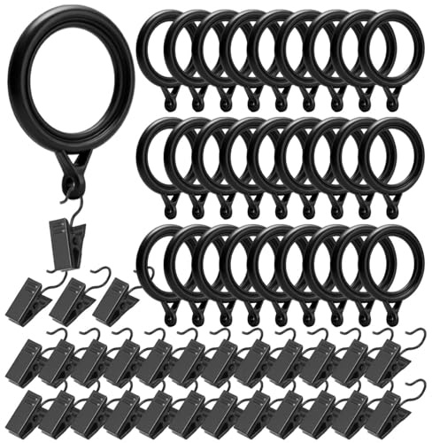50 Piezas Anillas para Cortinas con Clips Ganchos Cortinas Metálicos Argollas Cortinados de Plástico Silenciosas y Ligeras, para Ventanas, Puertas y Cortinados Ducha, Diámetro Interior 35 mm, Negro