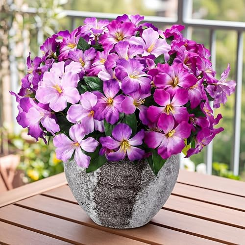Suncalla Wedding Decoration Essential | 6 Bundles 11 Heads Artificial Azalea Flower Bouquet, 14.2 Inches Realistic Faux Flowers for Wedding, Garden, Pathway, Porch - Outdoor Floral Decor(Purple)