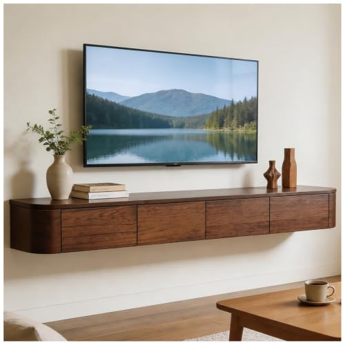 JUNFUNNLE TV Schrank 240cm Walnussbraun, Moderner TV Board Hängend, TV Lowboard mit 2 Schubladen 2 Klappen Türen, Fernsehtisch mit Kabelmanagement, TV Tisch für Wohnzimmer und Esszimmer