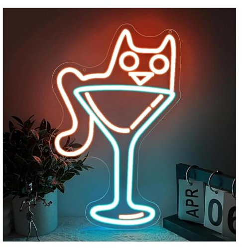 Sign Lamp Cat in Martini Glass Neon Sign USB Dimmable for Gameroom Bedroom Bar Party Wall Decor 14.96x9.45inch