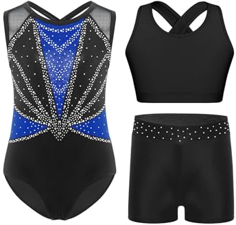 Yruioon Mädchen Turnanzug Glitzer Gymnastikanzug mit Shorts Sport BH Tops Weste 3Pcs