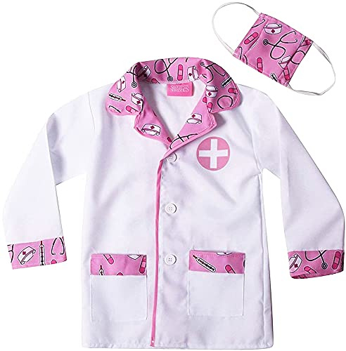 StoryBook Wishes Kids Doctor Coat & Face Mask for Costume | Dress Up | Pink and White - Size 2-4