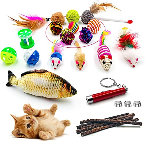 GaiusiKaisa Cat Toys - 23Pcs Interactive Toys for Indoor Cat & Kitten with Feather Wand, Catnip Fish, Matatabi Sticks, Crinkle Balls & Bells